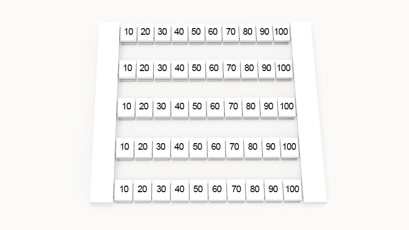 Марк. кассета DEK6-50P-19-64Z(H) - Кассета с шильдиками для клемм WS…, сечением 4 мм кв., боковая, 50 шильдиков, нанесенные символы: 10 20…100, 5 полосок, с вертикальным расположением, размер шильдика: 5,8х5,5 мм, цвет белый