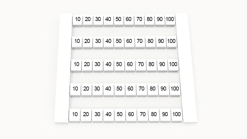 Марк. кассета DEK6-50P-19-64Z(H) - Кассета с шильдиками для клемм WS…, сечением 4 мм кв., боковая, 50 шильдиков, нанесенные символы: 10 20…100, 5 полосок, с вертикальным расположением, размер шильдика: 5,8х5,5 мм, цвет белый
