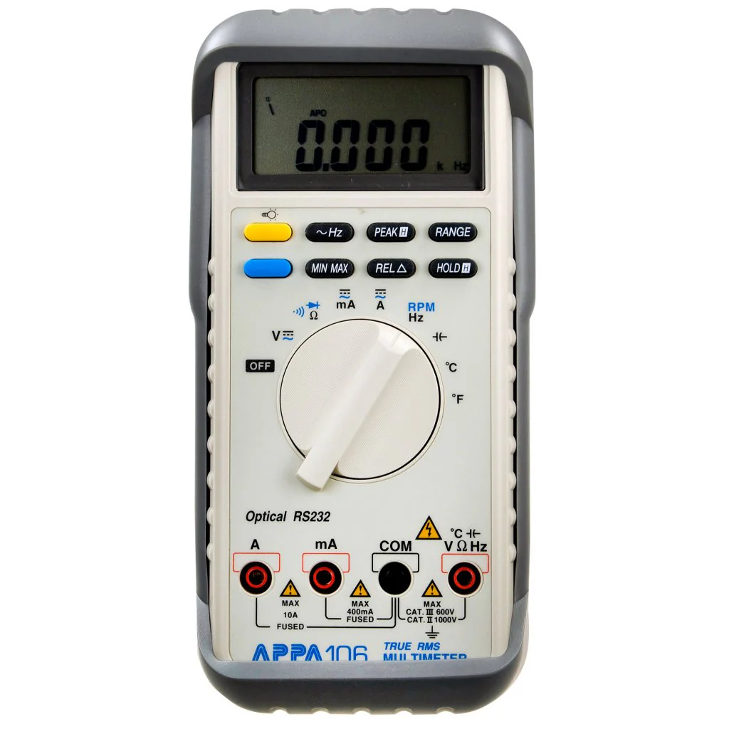 APPA 106 - Цифровой мультиметр с автоматическим выбором пределов измерений, особенности: измерение частоты вращения RPM, измерение температуры, USB интерфейс