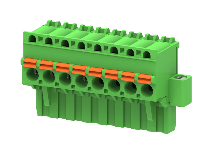 Розеточный разъем на кабель MC-RN5.08V21P-K-0001 - Розеточный разъем, угловой, на кабель, шаг: 5.08 мм, 21 полюс, фиксация провода Push-In исполнение: с монтажными фланцами, 320V, 12A, цвет: зеленый