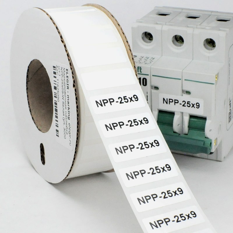 Маркировка прямоугольная NPP-25х09 W - Маркировочная наклейка, для позиционного обозначения электрооборудования в шкафу и маркировки провода, размер 25х9 мм, цвет белый, в упаковке 3000 наклеек