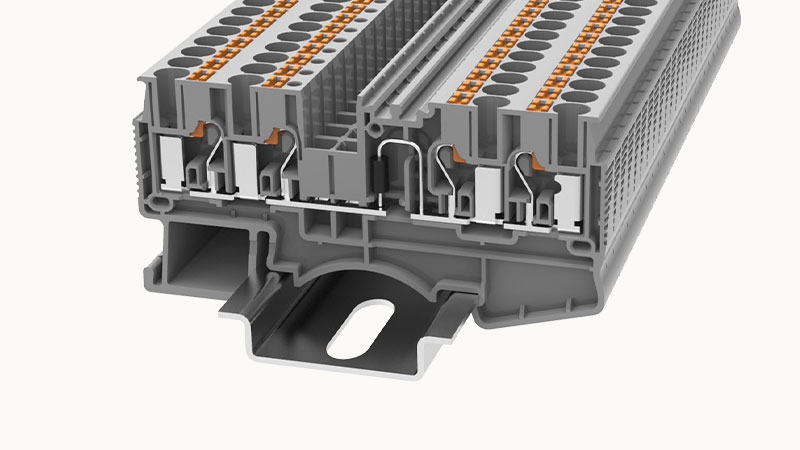 Клемма с диодом DS2.5-QU-LD-L-R-01P-11 - Клемма с диодом, схема L-R, 4 точки подключения, тип фиксации провода: Push-in, номинальное сечение: 2.5 мм кв., 5A, 800V, ширина: 5,2 мм, цвет: серый, втычная перемычка, тип монтажа: DIN35