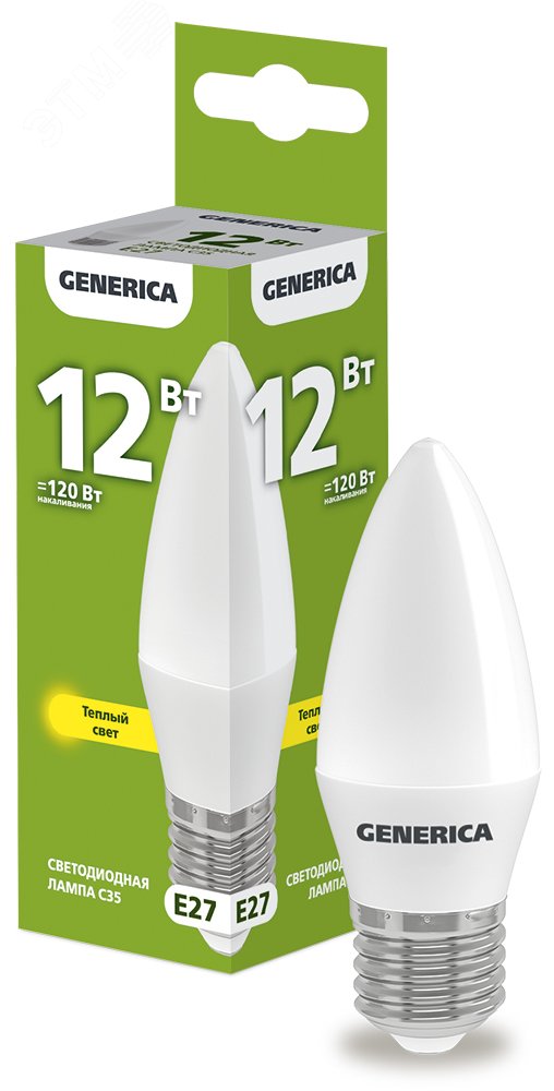Лампа светодиодная C35 свеча 12Вт 230В 3000К E27 GENERICA LL-C35-12-230-30-E27-G