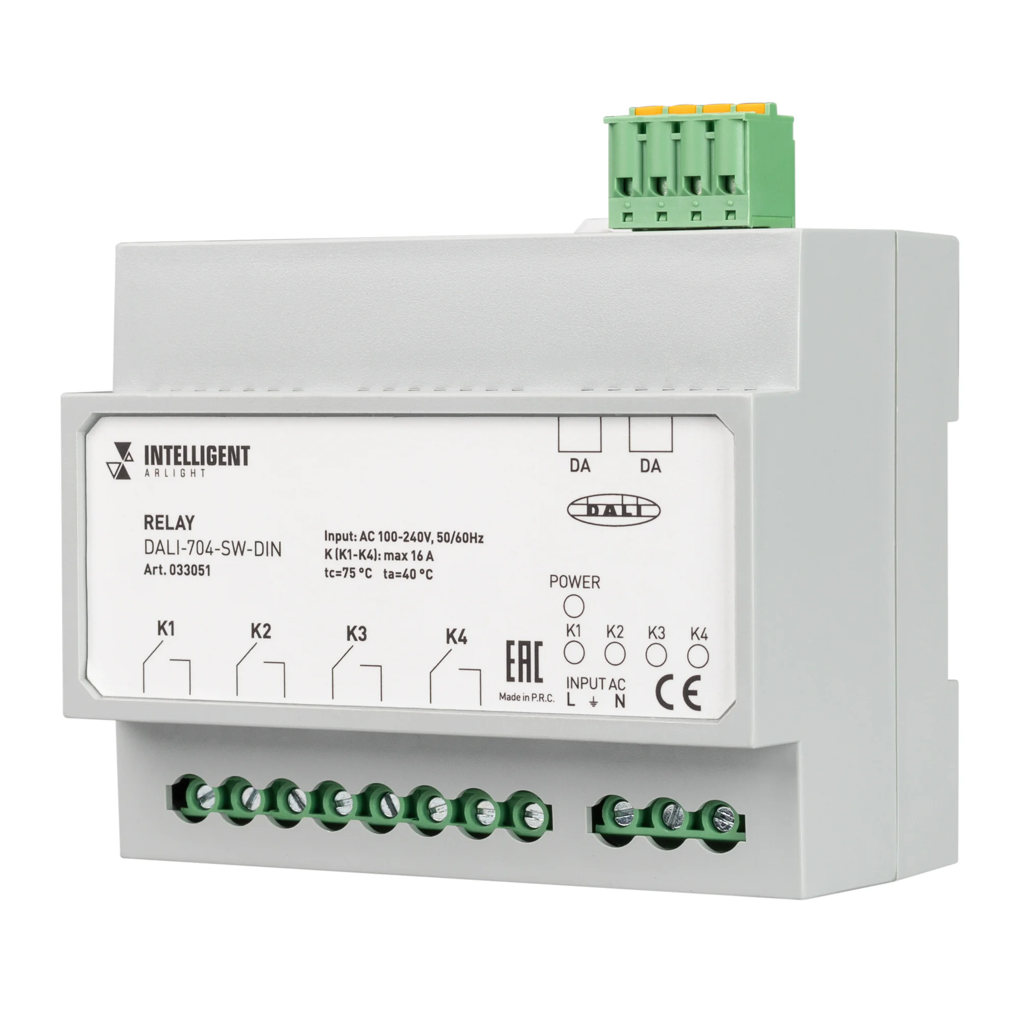 INTELLIGENT ARLIGHT Релейный модуль DALI-704-SW-DIN (BUS, 4х16A) 033051 - Релейный четырехканальный релейный модуль с управлением по DALI для управления по 230В. Вход / выход 100-240В, максимальный коммутируемый ток 4х16А. Независимые (сухие) контакты. Ра