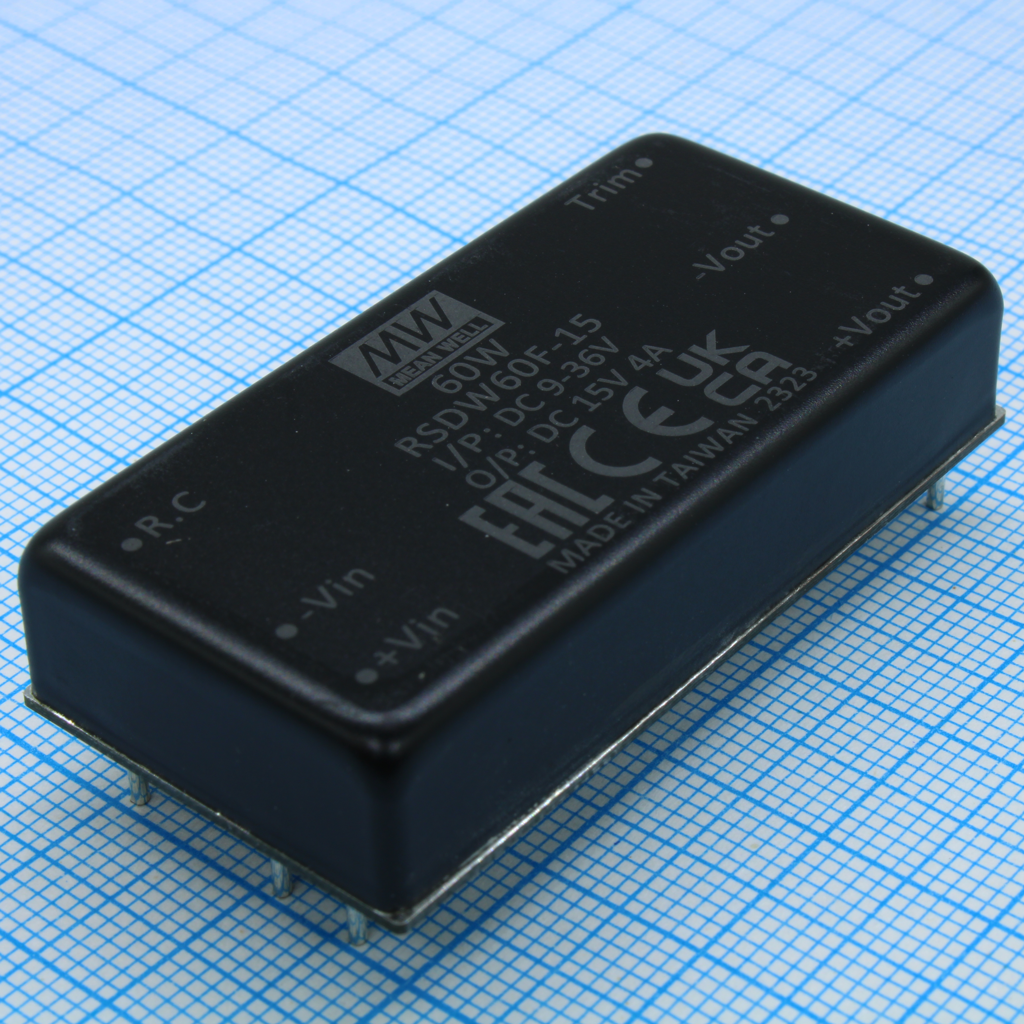 RSDW60F-15 - DC/DC, 60Вт, вход 9…36В, выход 15В/4А, изоляция 3000В DC, КПД 92%, максимальная емкостная нагрузка не более 3900мкФ, 2x1", 50.8x25.4x10.5мм, -40…85°C