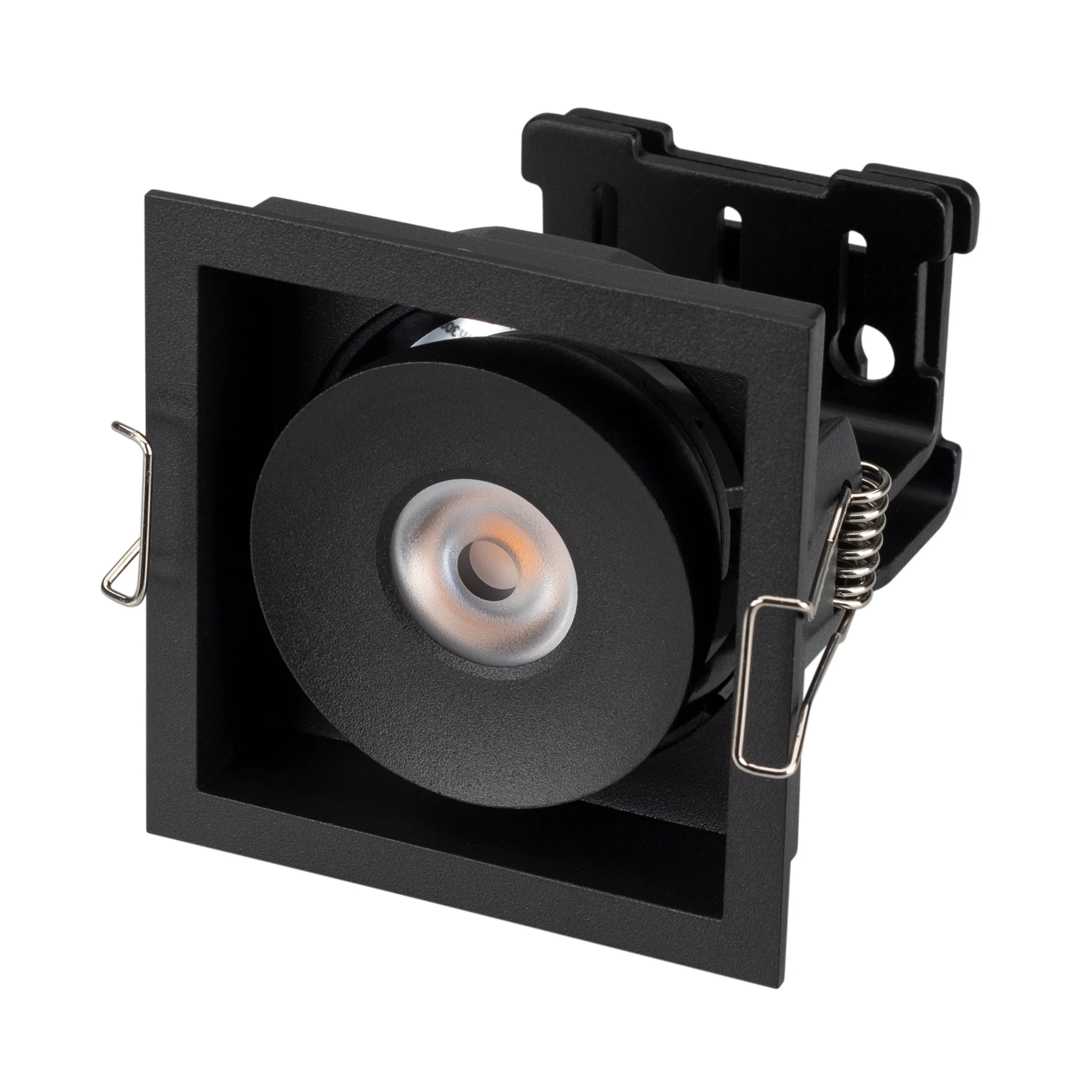 Светильник CL-SIMPLE-S80x80-9W Day4000 (BK, 45 deg) 026875 - Встраиваемый поворотный светильник для потолка. Мощность 9W, цвет ДНЕВНОЙ 4000K, св.поток 630лм, угол 45°, RA>90. Корпус квадратный черный. Питание AC230V. Размеры LxWxH 80x80x90мм. Установка в 