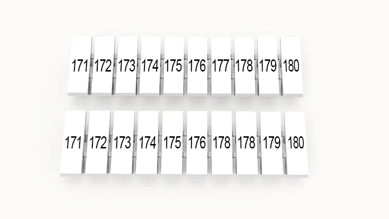Марк.  полоска ZB3.5-10P-19-27Z(H) - Маркировочные шильдики для клемм DS…, сечением 1,5 мм кв., центральная, 10 шильдиков нанесенные символы: 171-180, с вертикальным расположением, размер шильдика: 2,95х10,7 мм, цвет белый