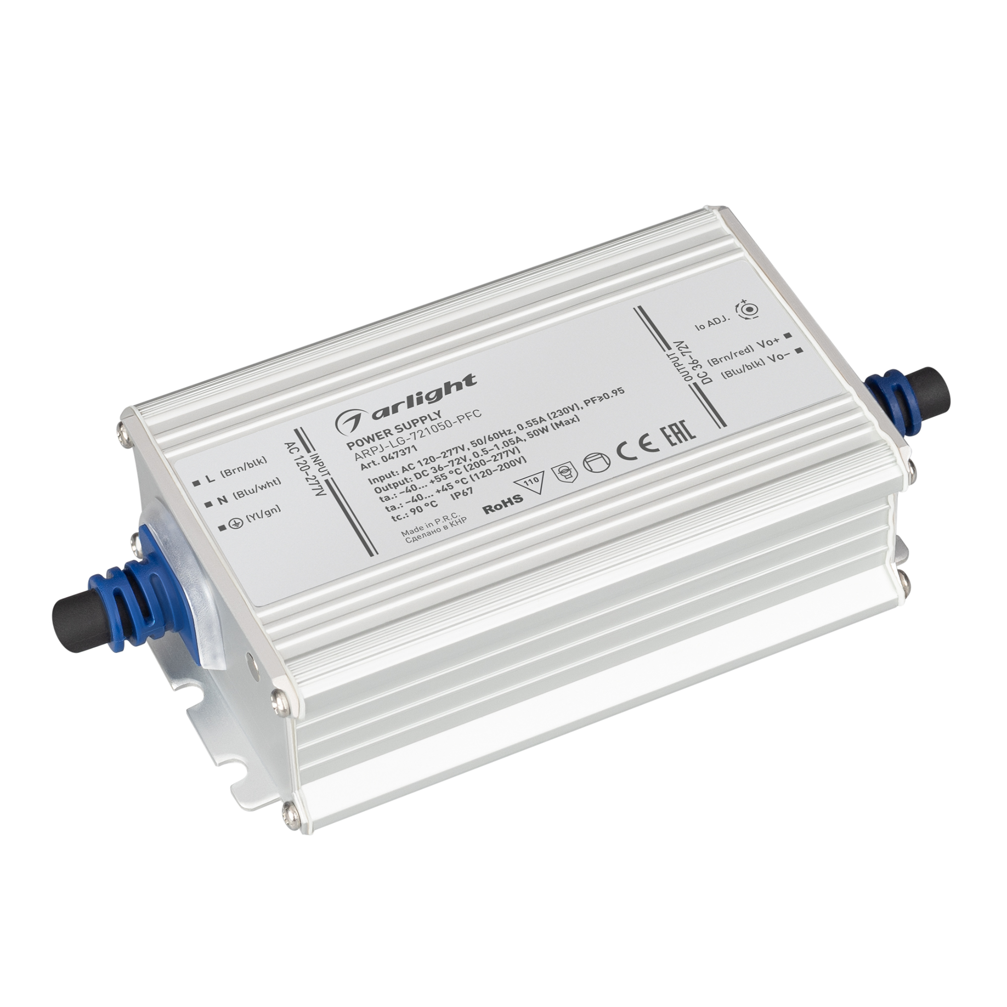 Блок питания ARPJ-LG-721050-PFC (50W, 36-72V, 0.5-1.05A) 047371 - Источник тока с гальванической развязкой для светильников и мощных светодиодов. Входное напряжение 120-277 VAC. Выходные параметры: 36-72 В, 500-1050mА (регулировка встроенным потенциометро