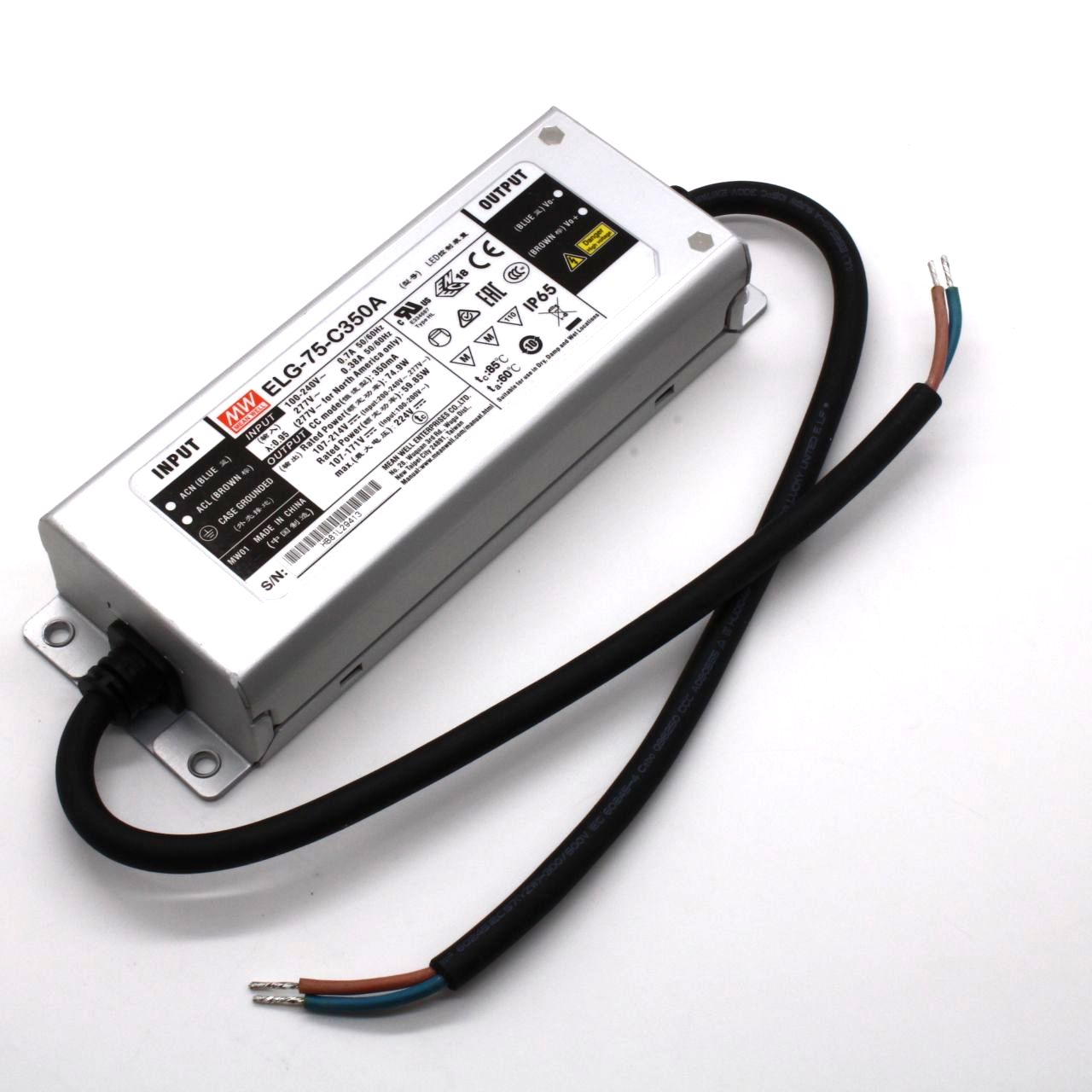 ELG-75-C350A - AC-DC, 74.9Вт, IP65, вход 100…305В AC, 47…63Гц/142…431В DC, ККМ, выход 107…214В/350мА, изоляция 3750В AC, в кожухе 180х63х35.5, -40…+85°С (корпус), рег. выхода