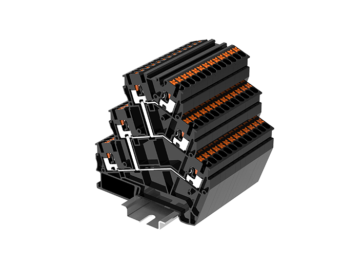 Трехуровневая клемма TPTS2.5-2-PV - Трехуровневая клемма, угловая, межэтажное соединение, тип фиксации провода: push-in, номинальное сечение: 2,5 мм кв., 20A, 500V, ширина: 5,2 мм, цвет: черный, тип монтажа: DIN 35