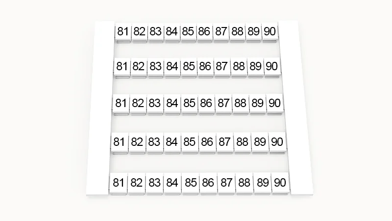 Марк. кассета DEK6-50P-19-41Z(H) - Кассета с шильдиками для клемм WS…, сечением 4 мм кв., боковая, 50 шильдиков, нанесенные символы: 81-90, 5 полосок, с вертикальным расположением, размер шильдика: 5,8х5,5 мм, цвет белый