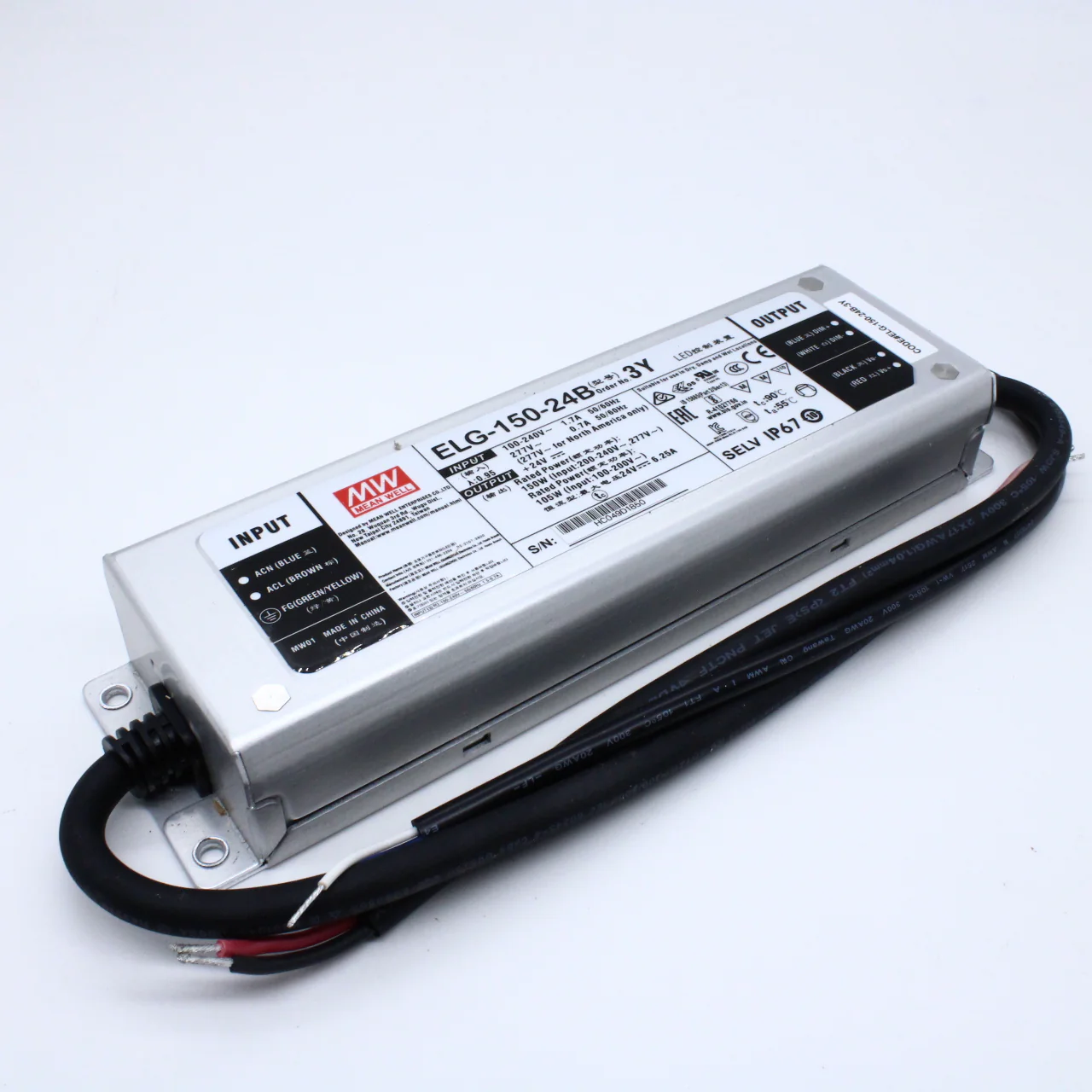 ELG-150-24B-3Y - AC-DC, 150Вт, IP67, вход 100…305В AC, 47…63Гц/142…431В DC, ККМ, выход 12...24В/6,25А, изоляция 3750В AC, в кожухе 219х63х35,5мм, -40…+70°С, димминг 3 в 1, провод заземления