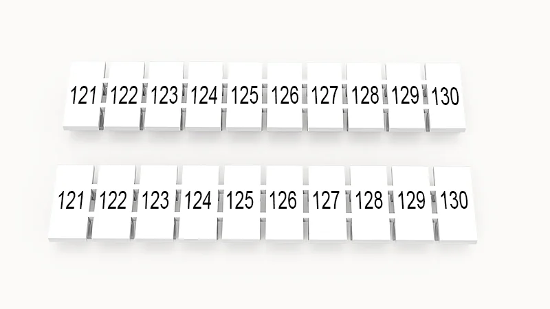 Марк.  полоска ZB5-10P-19-45Z(H) - Маркировочные шильдики для клемм WS…, DC…, PC…, сечением 2,5 мм кв., центральная, 10 шильдиков, нанесенные символы: 121-130 с вертикальным расположением, размер шильдика: 4,55х10,7 мм, цвет белый