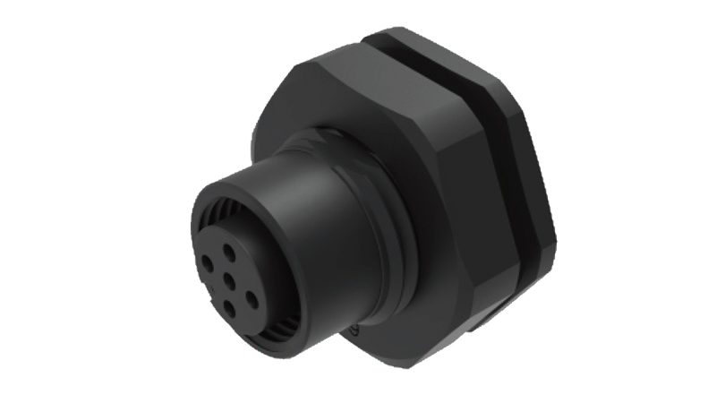 Розеточный разъем SD-M12A-04P-FF-SF8008 - Розеточный разъем в панель, 4 полюса, M12, гайка спереди, фиксация провода пайкой, A-Code, 4А, 250V, M16*1.5, пластик