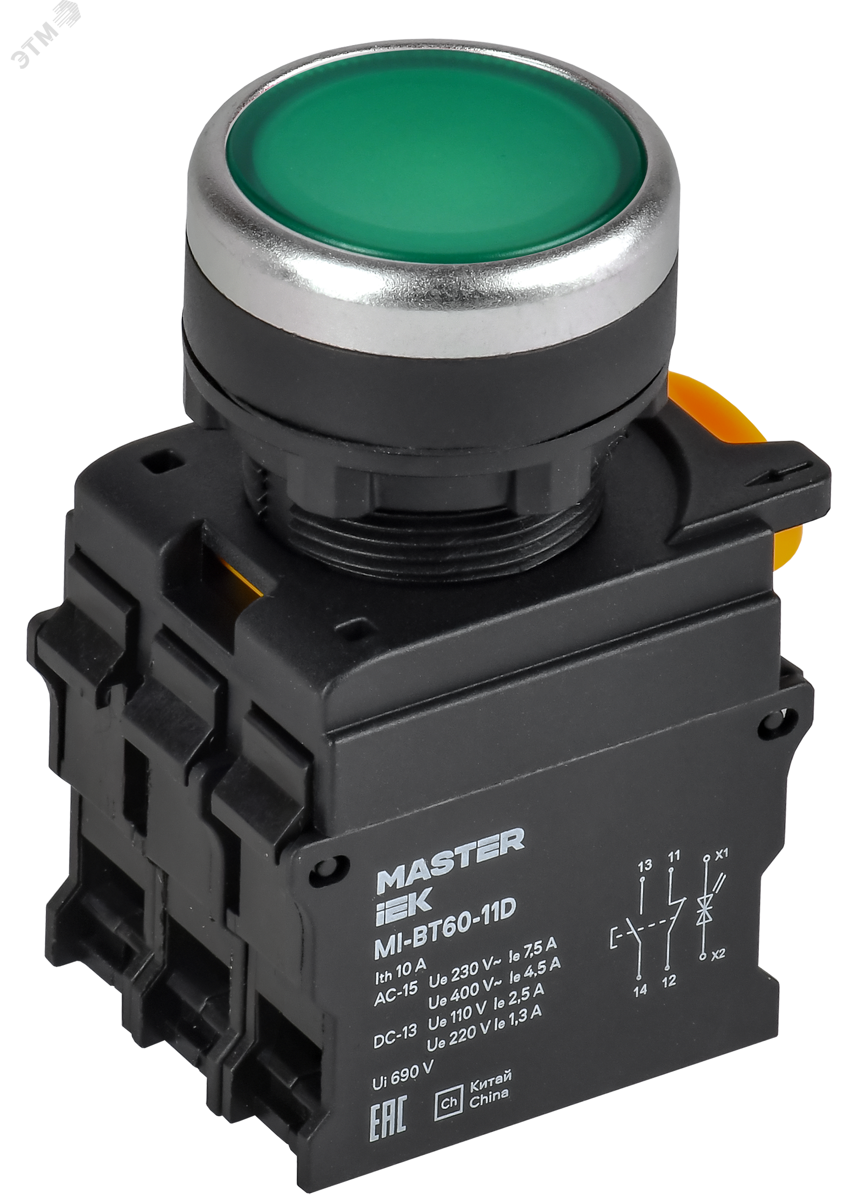 Кнопка с подсветкой d=22мм 1NO+1NC зел-ная MASTER IEK MI-BT60-11D-3-12-K06