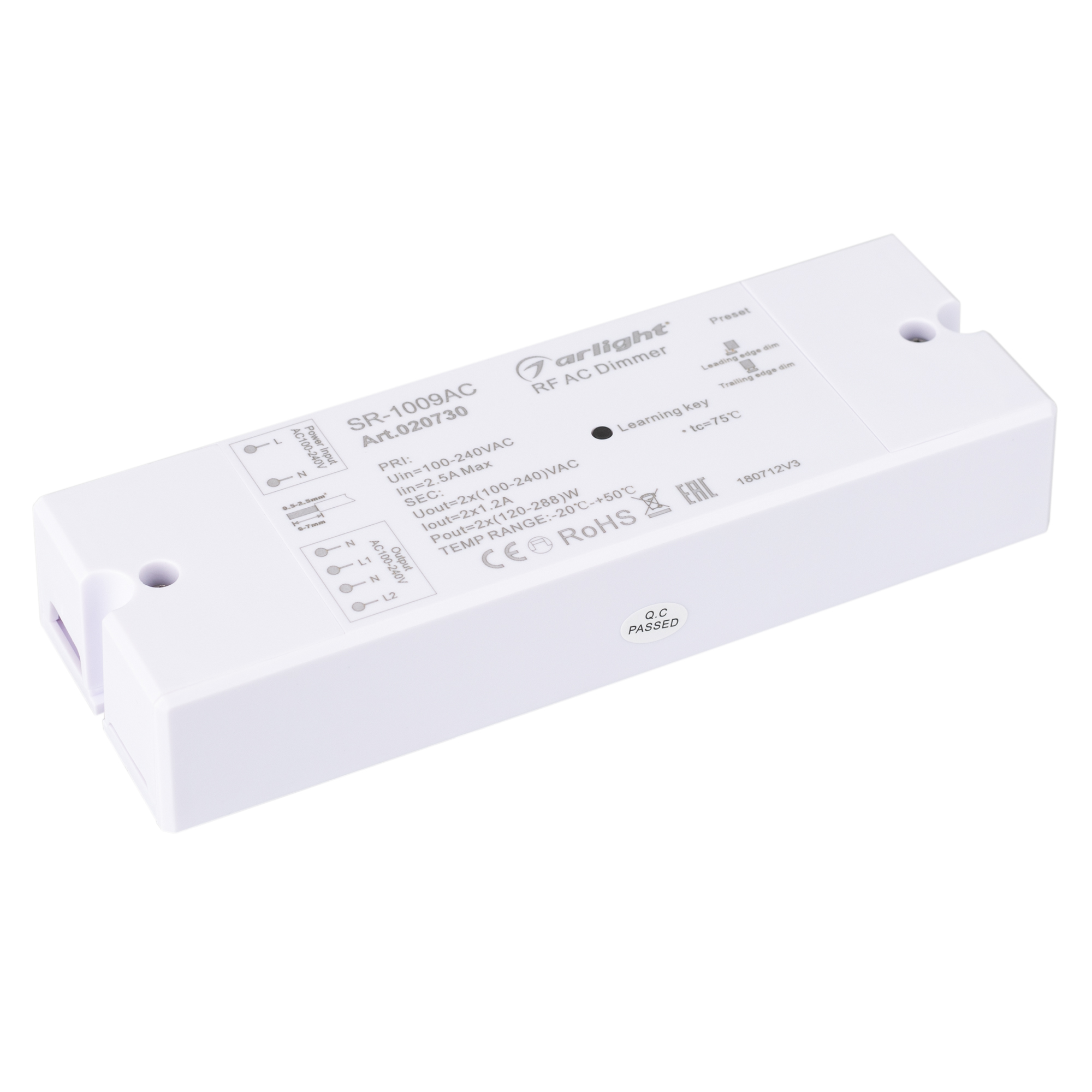 Диммер SR-1009AC (230V, 2x1.2A) 020730 - Диммер с RF управлением (пульт поставляется отдельно) и выходом TRIAC/MOSFET с возможностью переключения фронтов LEADING/TRAILING. Мощность активной нагрузки (лампы накаливания) макс. 2х288 Вт. Полная мощность для 