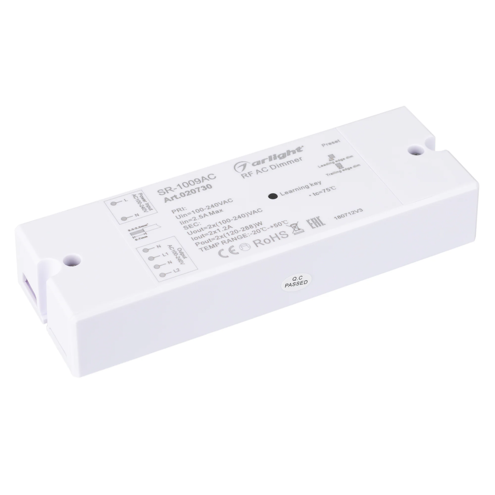 Диммер SR-1009AC (230V, 2x1.2A) 020730 - Диммер с RF управлением (пульт поставляется отдельно) и выходом TRIAC/MOSFET с возможностью переключения фронтов LEADING/TRAILING. Мощность активной нагрузки (лампы накаливания) макс. 2х288 Вт. Полная мощность для 