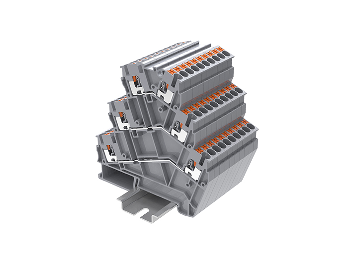 Трехуровневая клемма TPTS2.5-2-GY - Трехуровневая клемма, угловая, тип фиксации провода: push-in, номинальное сечение: 2,5 мм кв., 20A, 500V, ширина: 5,2 мм, цвет: серый, тип монтажа: DIN 35