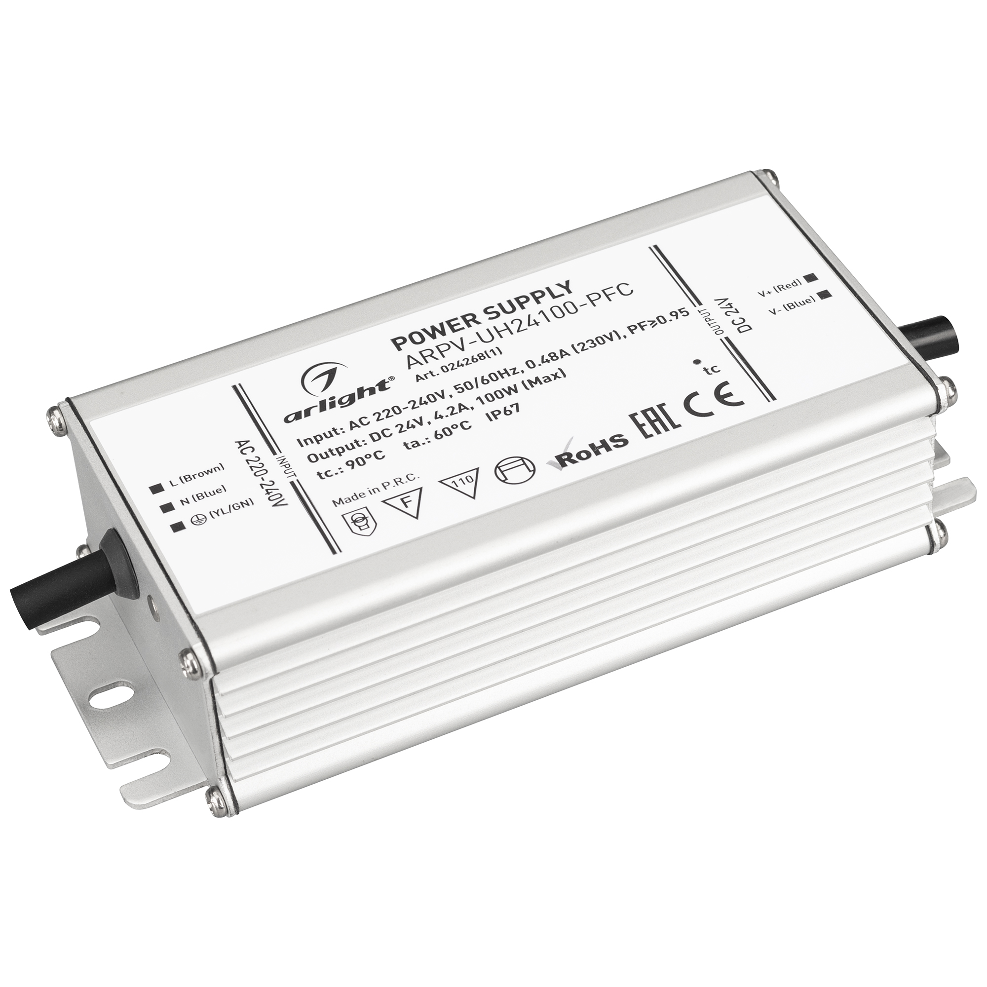Блок питания ARPV-UH24100-PFC (24V, 4.2A, 100W) 024268(1) - Источник напряжения с гальванической развязкой для светодиодных изделий. Входное напряжение 220-240 VAC. Выходные параметры: 24 В, 4.2 А, 100 Вт. Встроенный PFC >0.95. Герметичный алюминиевый кор
