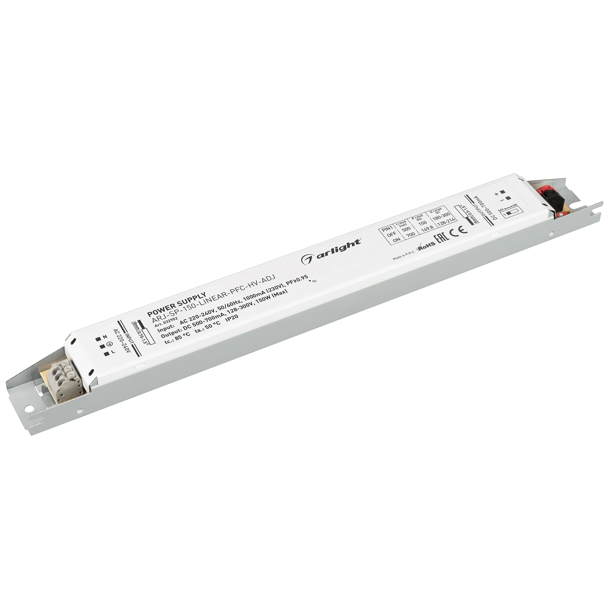 Блок питания ARJ-SP-150-LINEAR-PFC-HV-ADJ (150W, 500-700mA) 032902 - Регулируемый источник тока без гальванической развязки для светильников и мощных светодиодов. Входное напряжение 220-240 VAC. Выходные параметры: 180-300В (500мА), 128-214В (700мА), макс