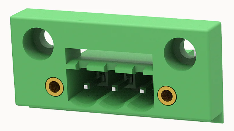 PCB вилка 2CDGB-5.08-03P-14 - Вилочный разъем, в панель, с монтажными фланцами шаг 5,08 мм, 3 полюса, фиксация провода пайкой, 300V, 15А, цвет: зеленый, серия 2CDGB