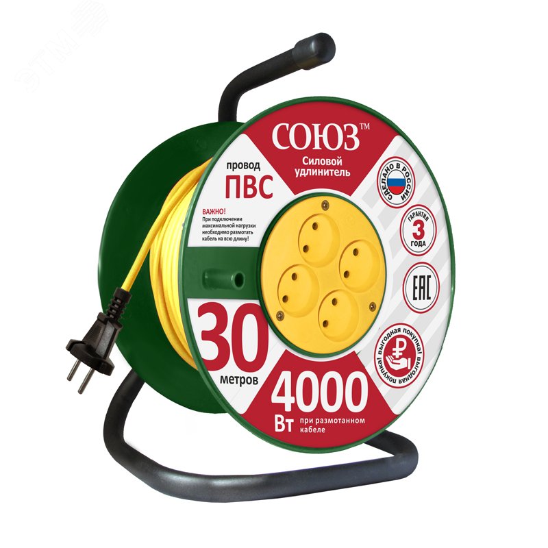 Удлинитель силовой ТМ Союз на катушке 4 гнезда 4000 Вт 30м 481S-3803