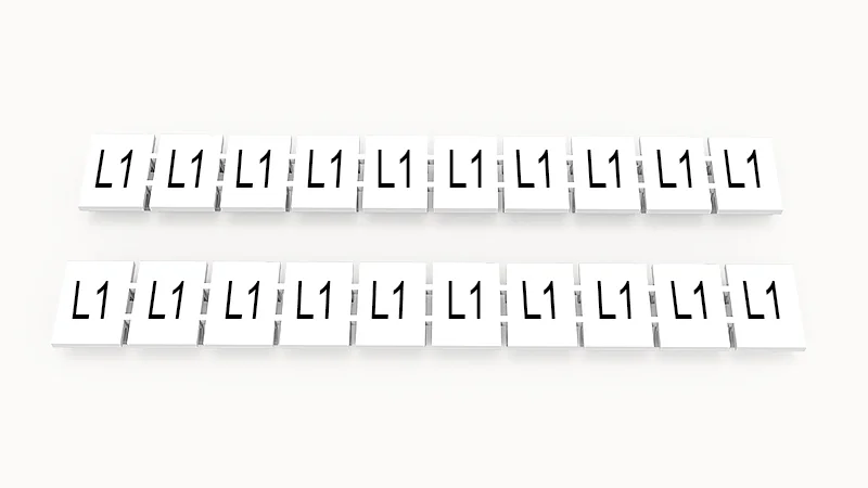 Марк.  полоска ZB8-10P-19-69Z(H) - Маркировочные шильдики для клемм WS…, DC…, PC…, сечением 6 мм кв., центральная, 10 шильдиков нанесенные символы: L1, с вертикальным расположением, размер шильдика: 7,45х10,7 мм, цвет белый