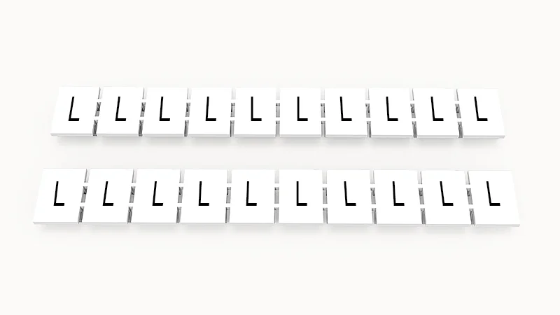 Марк.  полоска ZB8-10P-19-60Z(H) - Маркировочные шильдики для клемм WS…, DC…, PC…, сечением 6 мм кв., центральная, 10 шильдиков нанесенные символы: L, с вертикальным расположением, размер шильдика: 7,45х10,7 мм, цвет белый