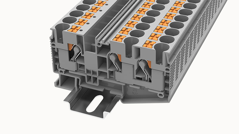 Проходная клемма DS10-TW-01P-11 - Проходная клемма, 3 точки подключения, тип фиксации провода: Push-in, номинальное сечение: 10 мм кв., 57A, 1000V, ширина: 10,2 мм, цвет: серый, втычная перемычка, тип монтажа: DIN35