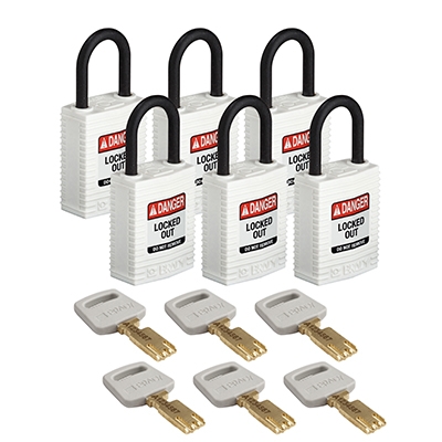 gws150215 - Замки SafeKey нейлоновые компактные, нейлоновая дужка, высота дужки – 25 мм, диаметр дужки – 4.3 мм, нейлоновый корпус, размеры корпуса – 43х32х19 мм, цвет – белый, 6 шт/упак