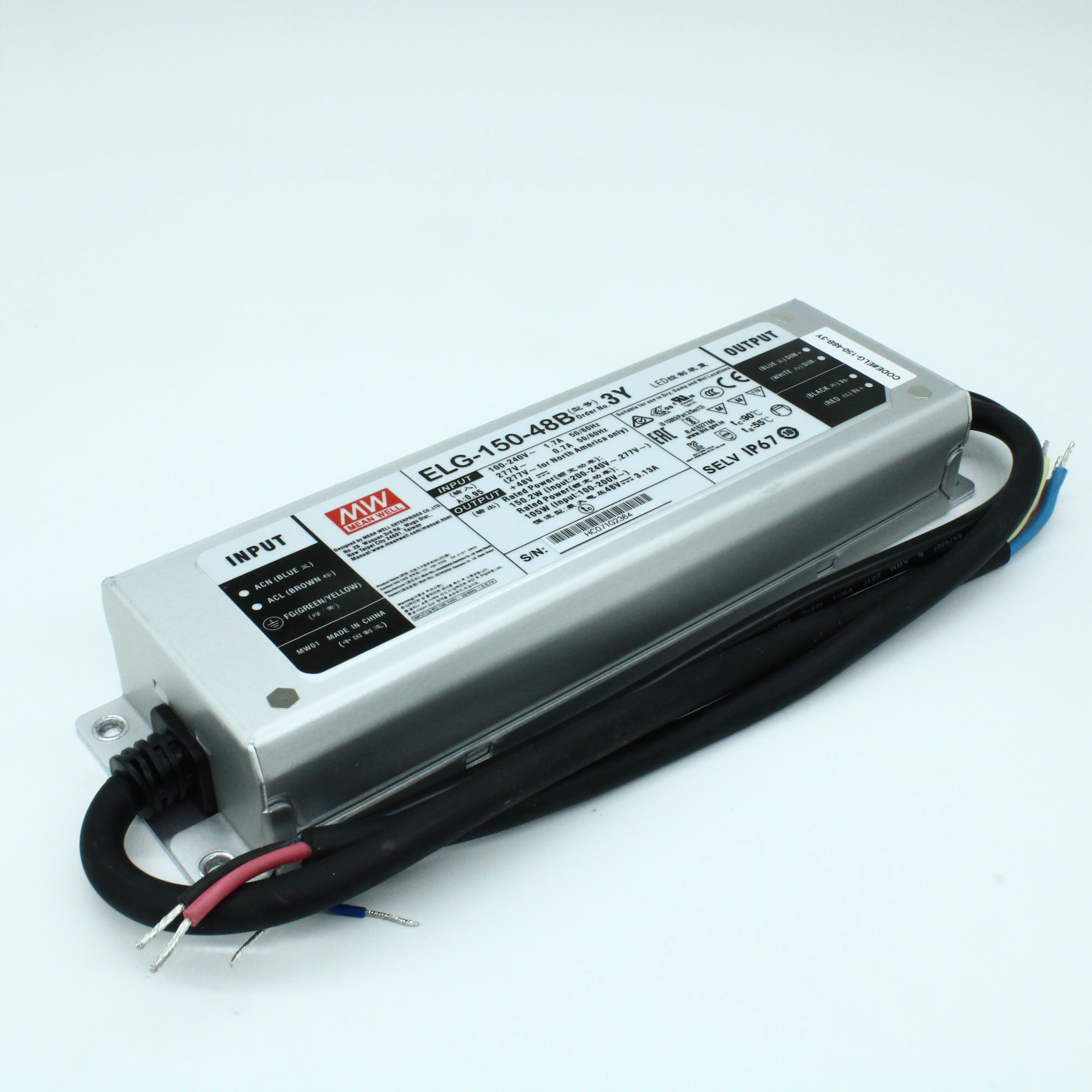 ELG-150-48B-3Y - AC-DC, 150Вт, IP67, вход 100…305В AC, 47…63Гц/142…431В DC, ККМ, выход 24...48В/4А, изоляция 3750В AC, в кожухе 199х63х35,5мм, -40…+70°С, димминг 3 в 1, с проводом заземления