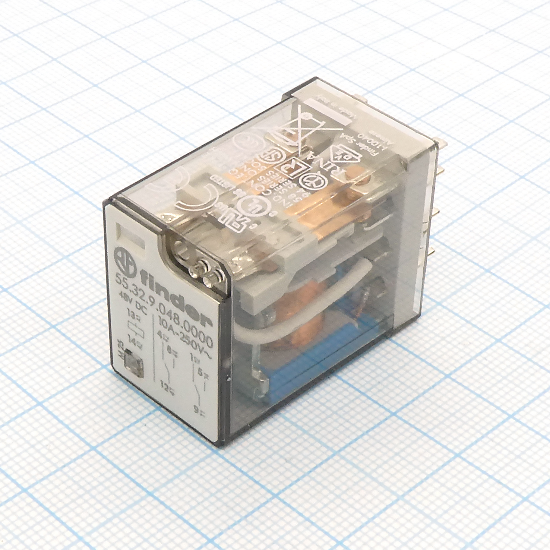 55.32.9.048.0000 - Миниатюрное универсальное электромеханическое реле; монтаж в розетку; 2CO 10A; контакты AgNi; катушка 48В DC; степень защиты RTI; опции: нет
