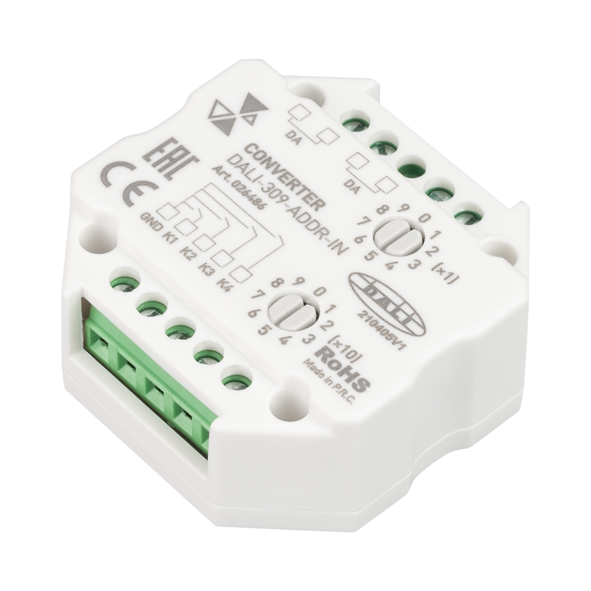 INTELLIGENT ARLIGHT Конвертер DALI-309-ADDR-IN (DALI bus) 026486 - Управляется внешними настенными выключателями. Питание по шине DALI, выход - сигнал DALI, 4 адреса. Ручное выставление первого адреса. Размер 51х51х22 мм.