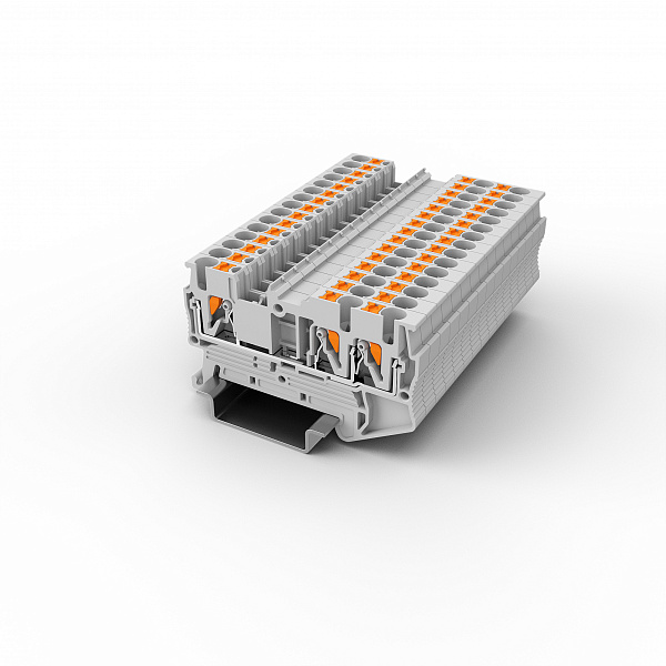 Проходная клемма UPT-2.5/1-2-GY - Проходная клемма, 3 точки подключения, тип фиксации провода: Push-in, номинальное сечение: 2,5 мм кв., 800V, 24A, ширина: 5,2 мм, цвет: серый, тип монтажа: DIN35