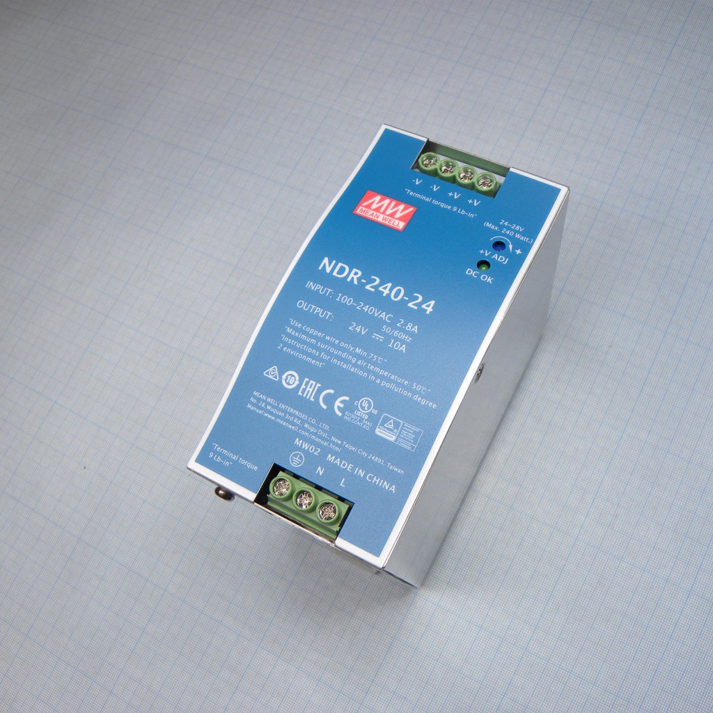 NDR-240-24 - Преобразователь AC-DC на DIN-рейку  240Вт, выход 24В/10A, рег. вых 24…28В, вход 90…264V AC, 47…63Гц /127…370В DC, изоляция 3000В AC, в кожухе  63х125.2х113.5мм, -20…+70°С