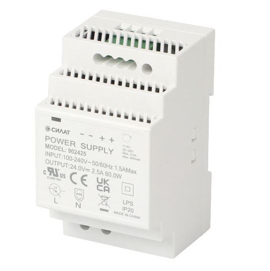 Источник питания 24 V DC/2,5 A, 902425 - Источник питания, однофазный, 24VDC / 2,5A, 60W, диапазон входн. напр.: 90 - 264VAC / 127 - 370VDC; габариты (мм): 58х90х52,5, монтаж: на DIN рейку