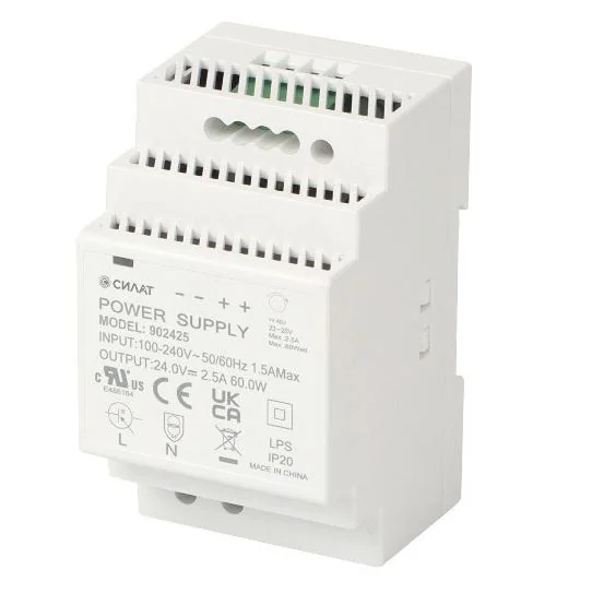 Источник питания 24 V DC/2,5 A, 902425 - Источник питания, однофазный, 24VDC / 2,5A, 60W, диапазон входн. напр.: 90 - 264VAC / 127 - 370VDC; габариты (мм): 58х90х52,5, монтаж: на DIN рейку