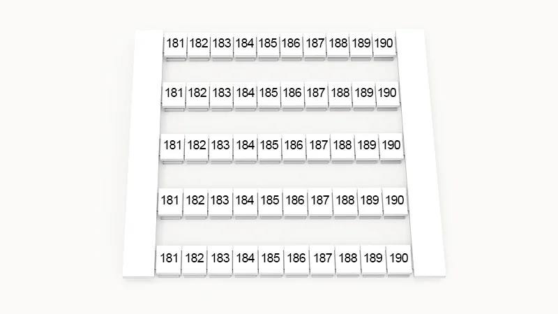 Марк. кассета DEK6-50P-19-120Z(H) - Кассета с шильдиками для клемм WS…, сечением 4 мм кв., боковая, 50 шильдиков, нанесенные символы: 181-190, 5 полосок, с вертикальным расположением, размер шильдика: 5,8х5,5 мм, цвет белый