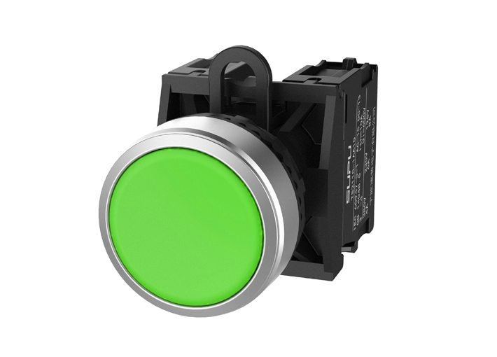 Кнопка плоская (зеленая) TS2020-0AL20 - Кнопка круглая плоская, с блокировкой, без подсветки, алюминиевое переднее кольцо, без контактной группы, диаметр головки кнопки 29,5 мм, диаметр посадочного отверстия: 22 мм, цвет: зеленый