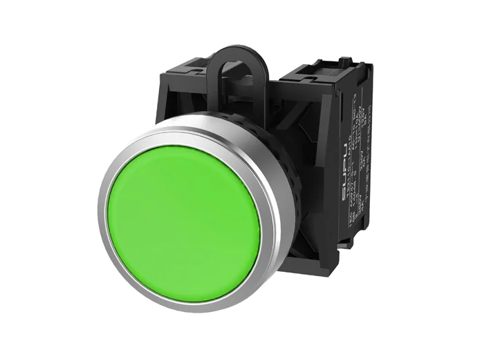 Кнопка плоская (зеленая) TS2520-0AL20-R10 - Кнопка круглая плоская, с блокировкой, без подсветки, алюминиевое переднее кольцо, с плавным нажатием, с контактной группой 1NO, диаметр головки кнопки 29,5 мм, диаметр посадочного отверстия: 22 мм, цвет: зелены