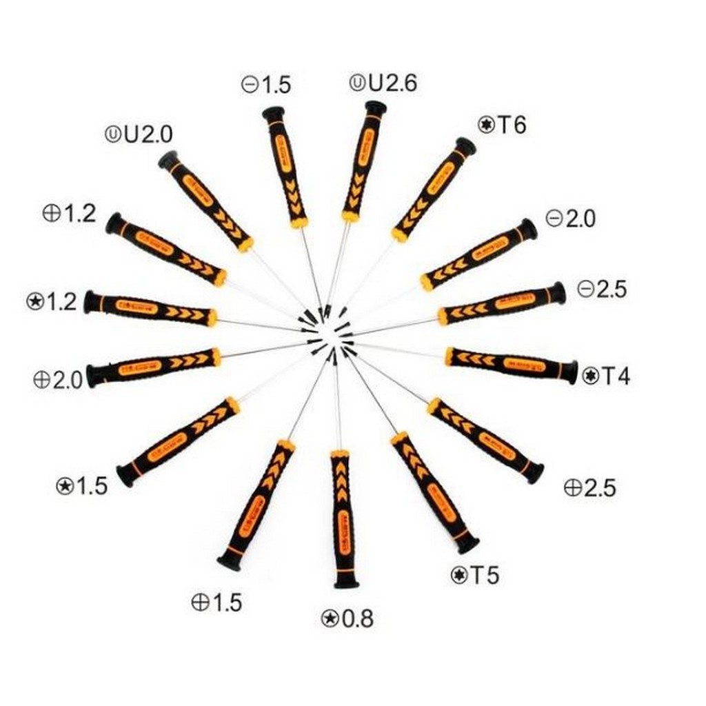 Набор отверток JM-P05 - 15 в1.Набор отвёрток для ремонта сотовых телефонов и другой миниатюрной техники,имеют длинную тонкую рабочую часть позволяющую демонтировать глубоко спрятанные винты.