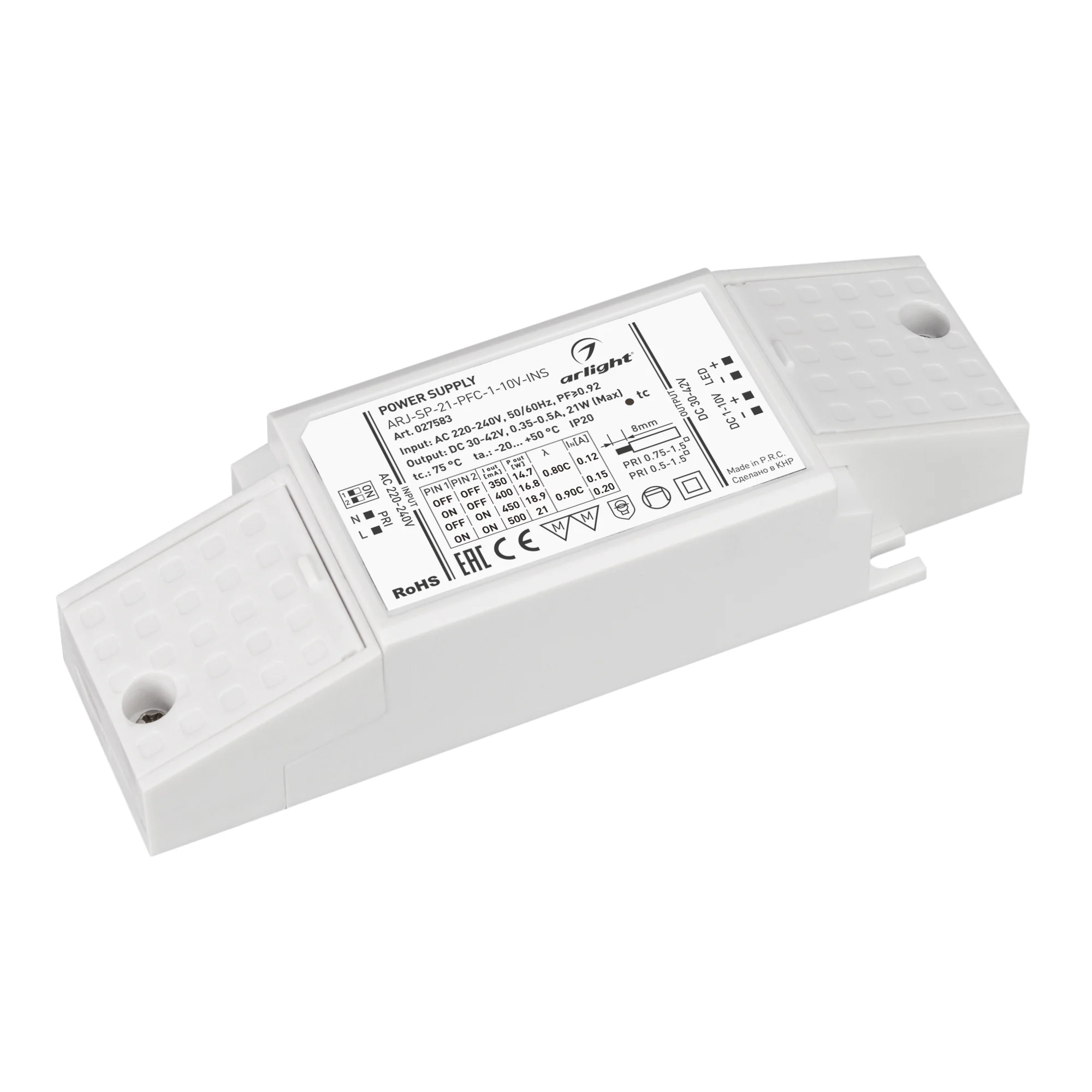 Блок питания ARJ-SP-21-PFC-1-10V-INS (21W, 350-500mA) 027583 - Диммируемый мультитоковый блок питания с управлением 1-10V с гальванической развязкой. Питание 220-240VAC. Выход 30-42В, ток 350/400/450/500 мА (дип-переключатель на корпусе), макс.мощность 21