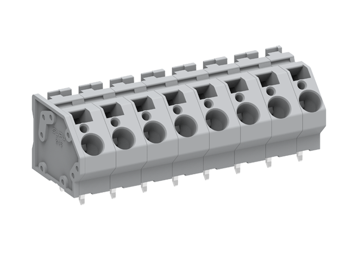 Розеточный разъем на плату 246406 - Клемма, подвод кабеля 45 град., на плату, шаг: 10.0 мм, 6 полюсов, фиксация провода push-in, исполнение: два вывода на контакт, 1000V, 41A, цвет: серый