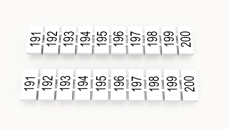 Марк.  полоска ZB6-10P-19-267Z(H) - Маркировочные шильдики для клемм WS…, DC…, PC…, сечением 4 мм кв., центральная, 10 шильдиков нанесенные символы: 191-200, с горизонтальным расположением, размер шильдика: 5,55х10,7 мм, цвет белый