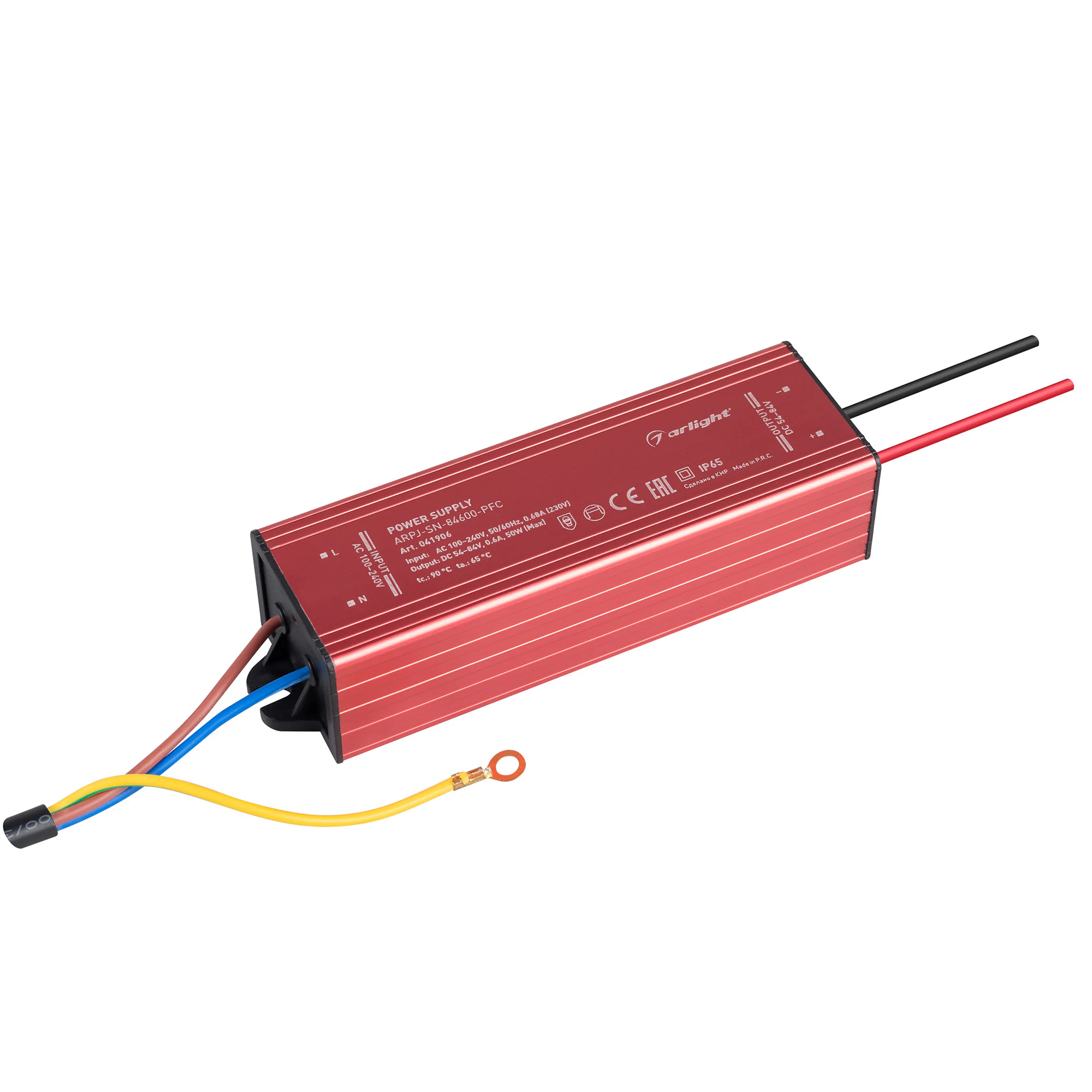 Блок питания ARPJ-SN-84600-PFC (50W, 54-84V, 600mA) 041906 - Источник тока с гальванической развязкой для светильников и мощных светодиодов. Входное напряжение 100-240 VAC. Выходные параметры: 54-84 В, 600 mА, 50 Вт. Встроенный PFC >0.95. Герметичный мета