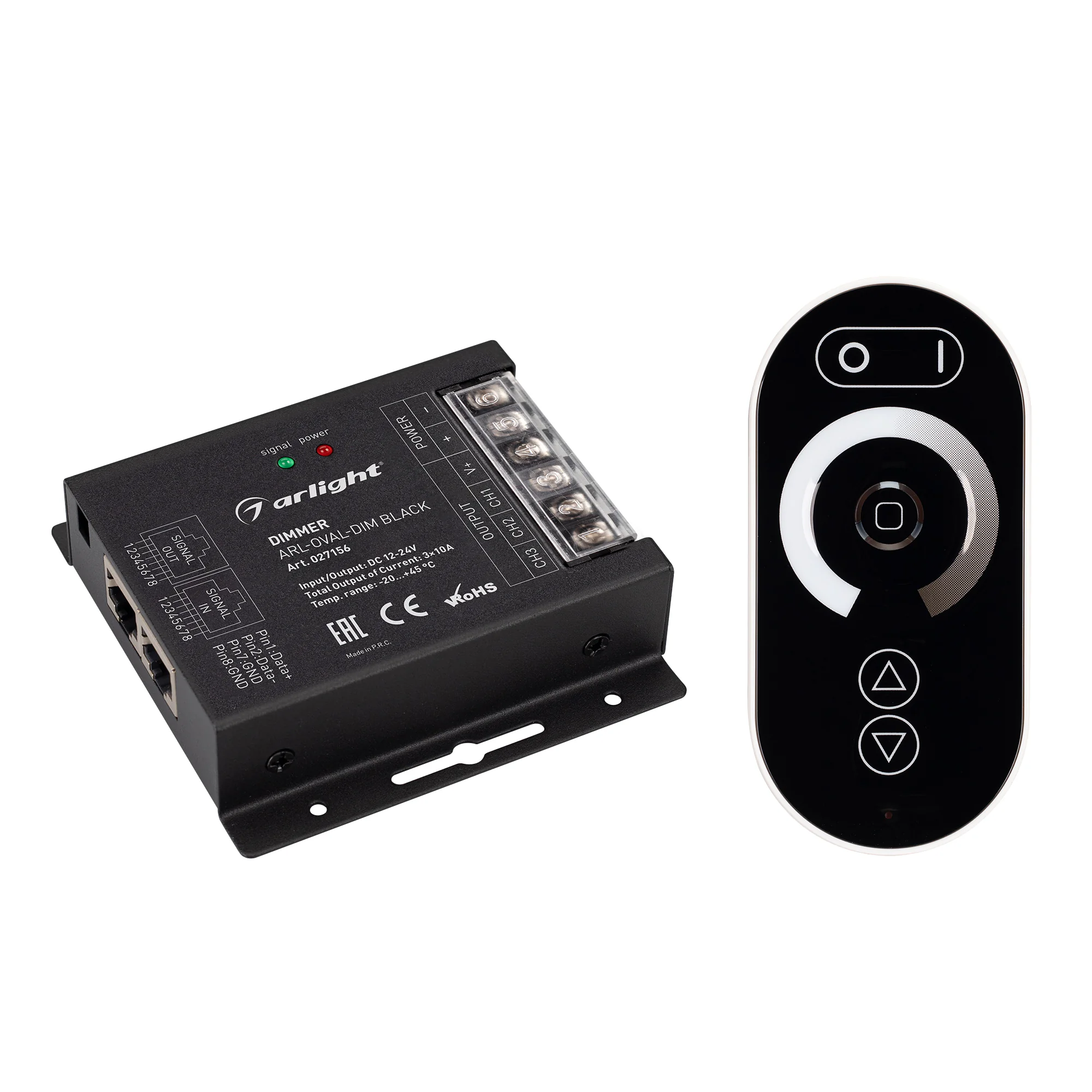 Диммер ARL-OVAL-DIM Black (12-24V, 3x10A, ПДУ Овал, RF, RJ45) 027156 - Диммер (овальный черный радиопульт с 5 кнопками и сенсорным кольцом). Управление яркостью с помощью сенсор. кольца, 12-24V, 360-720W, 10A/канал, 3 параллельных канала. Габариты диммера