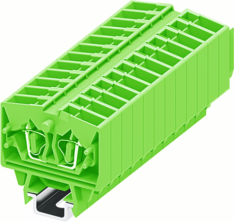 Клемма мини 254366 - Мини клемма, верхний подвод кабеля, 2 точки подключения в клемме, тип фиксации провода: пружинный, номинальное сечение: 2,5 мм кв., 24A, 800V, цвет: зеленый, тип монтажа: DIN15