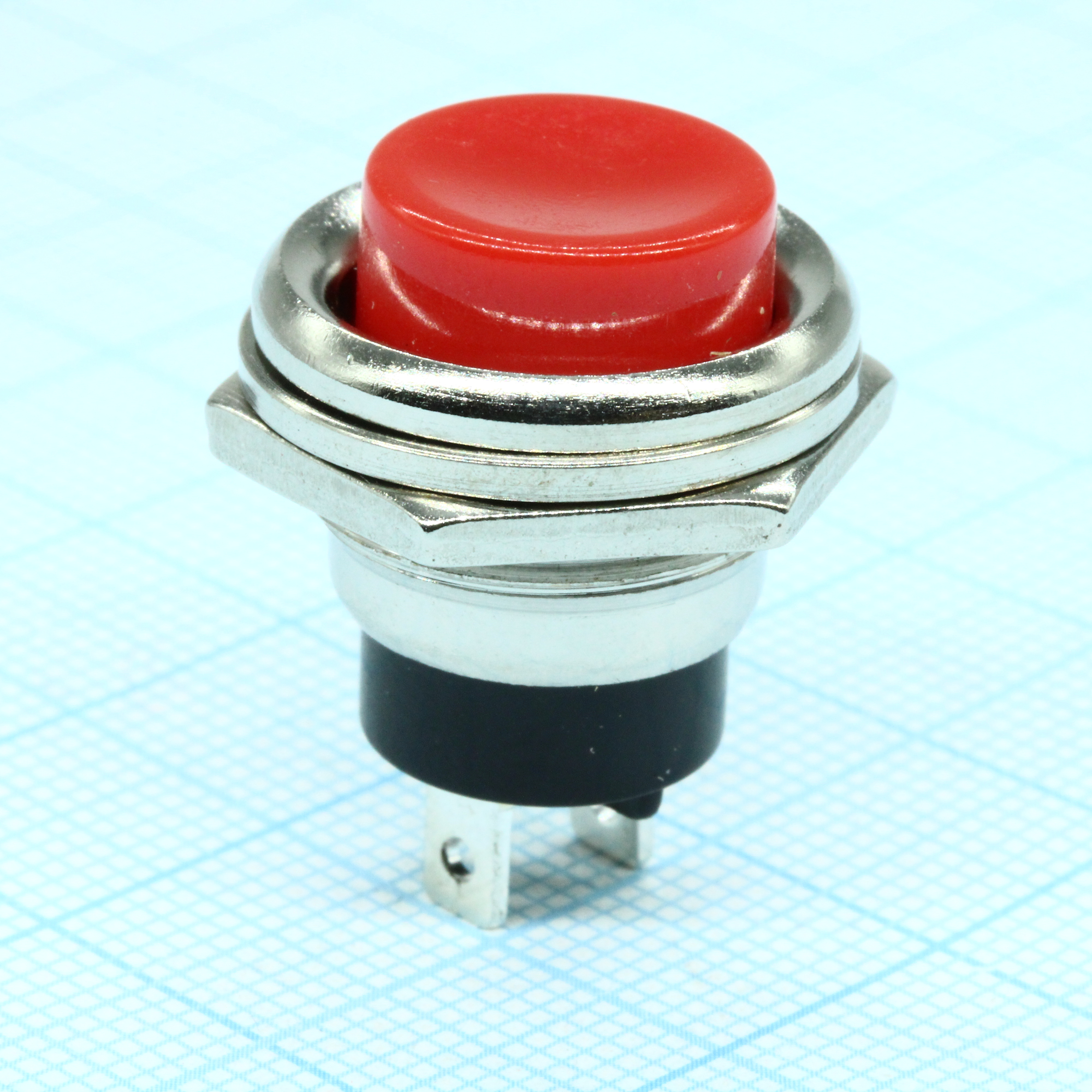 PBS-26B/R - Кнопочный переключатель ON-(OFF) без фиксации, 250V 2A, металл, M16*0.75, красный колпачок / PBS-26B/R