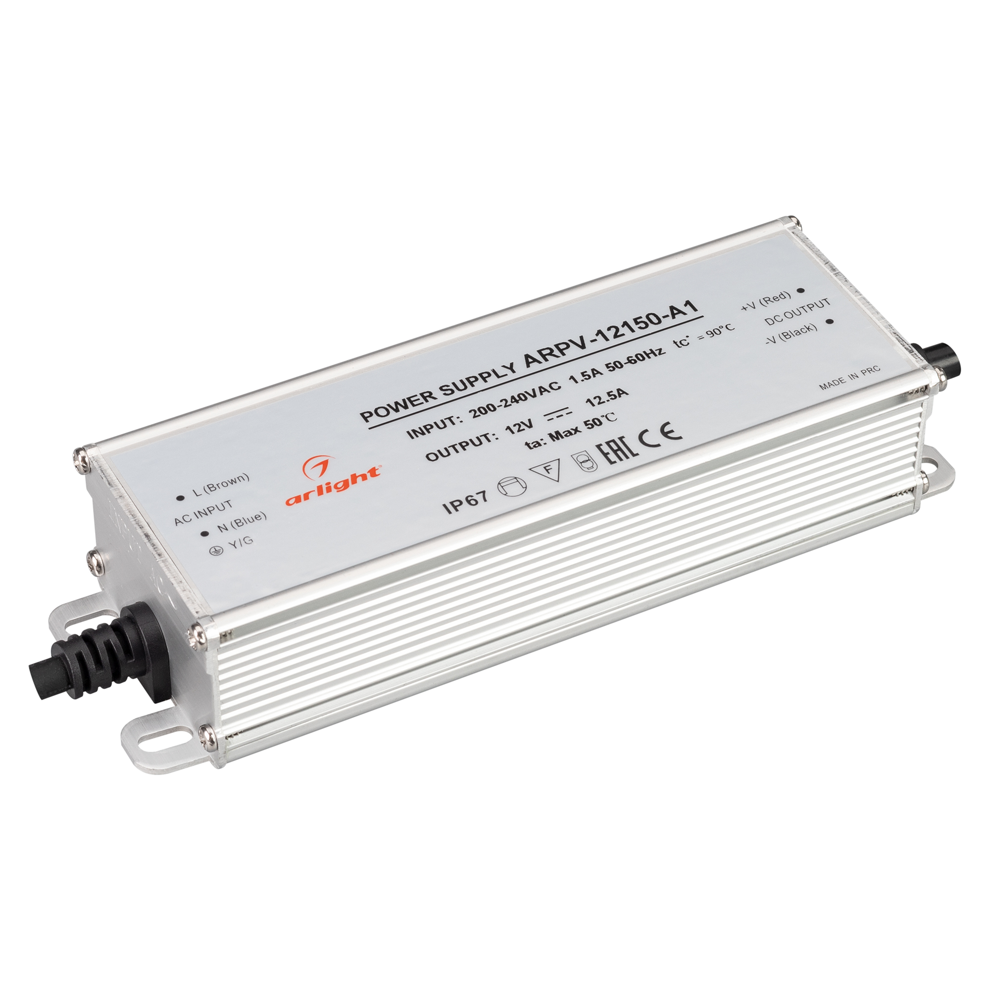 Блок питания ARPV-12150-A1 (12V, 12.5A, 150W) 034206 - Источник напряжения с гальванической развязкой для светодиодных изделий. Входное напряжение 200-240 VAC. Выходные параметры: 12 В, 12,5 А, 150 Вт. Встроенный PFC >0,5. Герметичный алюминиевый корпус I
