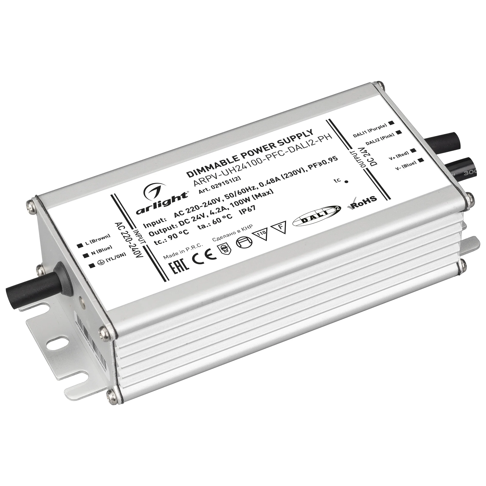 Блок питания ARPV-UH24100-PFC-DALI2-PH (24V, 4.2A, 100W) 029151(2) - Диммируемый источник напряжения по протоколу DALI2.0 с гальванической развязкой для светодиодных изделий. Входное напряжение 220-240 VAC. Выходные параметры: 24 В, 4.2 А, 100 Вт. Встроен